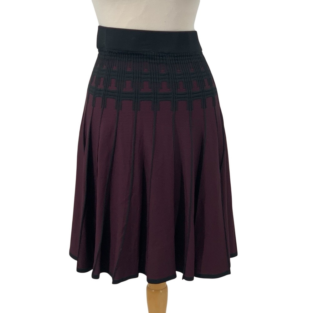 Ivanka Trump Womens Burgundy Black Knit Fit Flare Skirt Geometric Intarsia Sz M